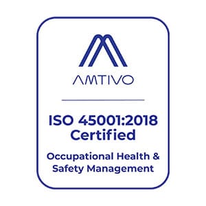 AMTIVO ISO 45001:2018 certification badge on a white background