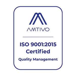 AMTIVO ISO 9001:2015 certification logo on a white background